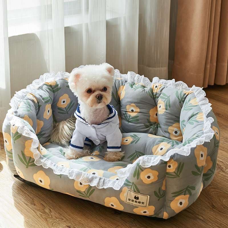 犬ベッド ふわもこ花柄ペットベッド