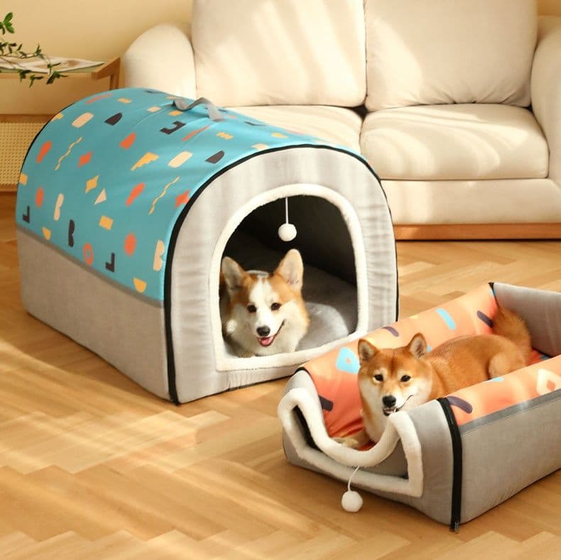犬ベッド 幾何学模様付き持ち運び便利なドーム型犬ベッド