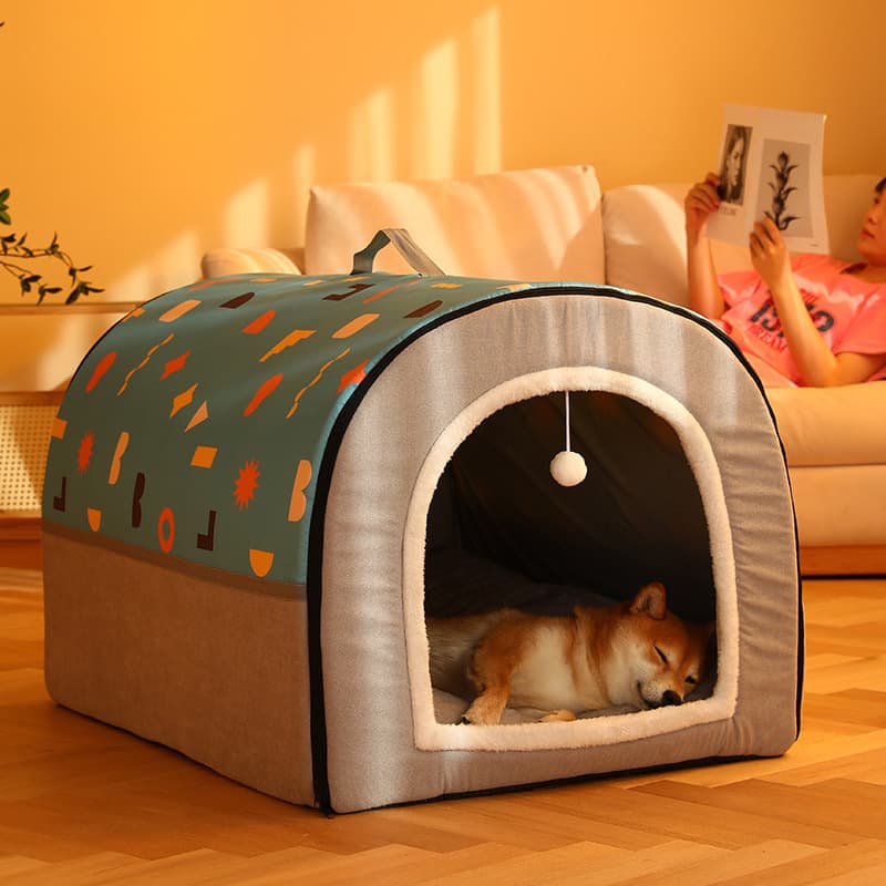 犬ベッド 幾何学模様付き持ち運び便利なドーム型犬ベッド